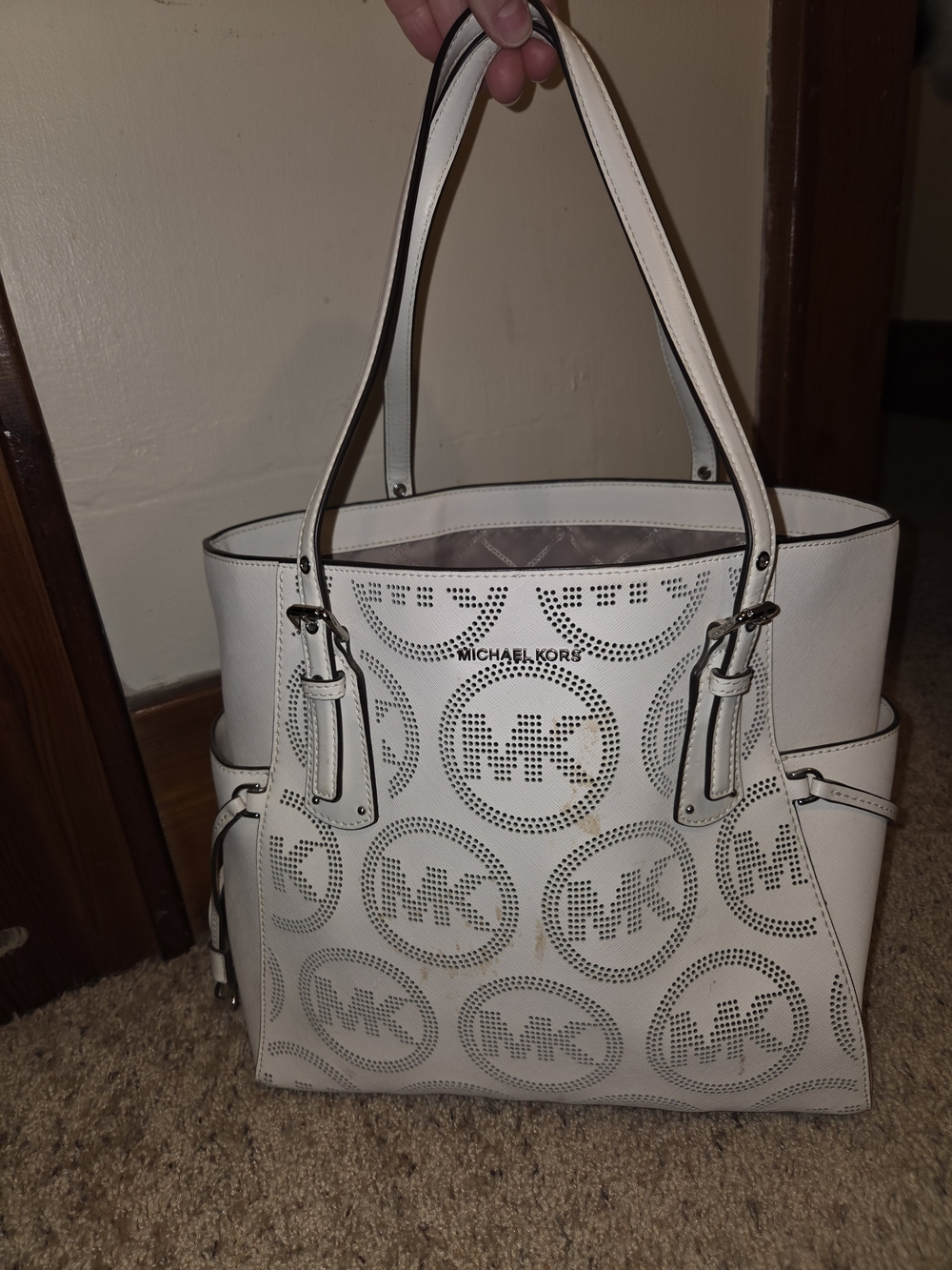 Michael Kors White Perforated MK Logo Tote Bag